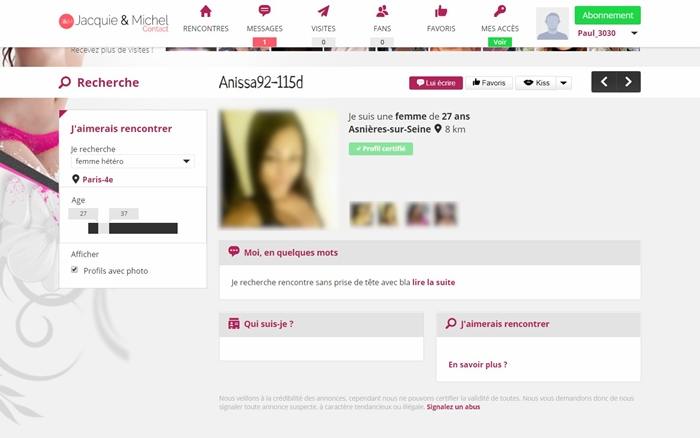 Exemple d'un profil d'escort sur le site jacquie et michel contact